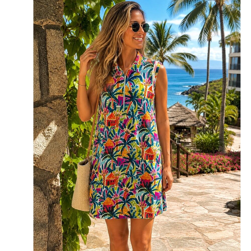 Pappagallo Dress Small Tropical Sleeveless Quarter Zip Resort Coastal Cruise
